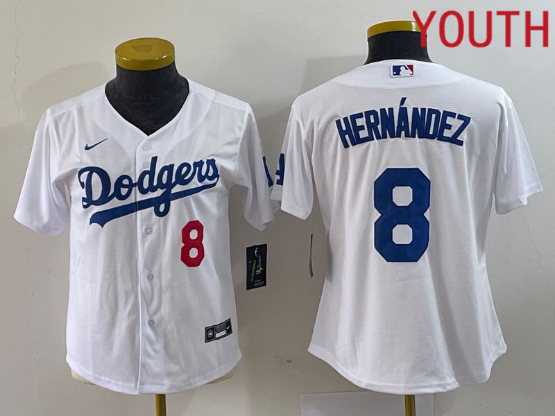 Youth Los Angeles Dodgers #8 Hernandez White Nike Game 2023 MLB Jerseys